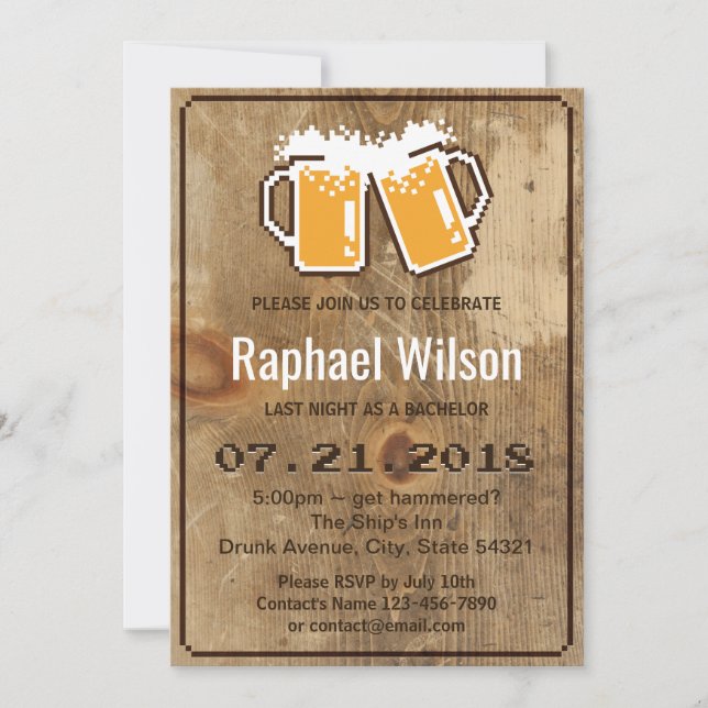 Funny Pixel Beers & Wood Bachelor Party Card (Front)
