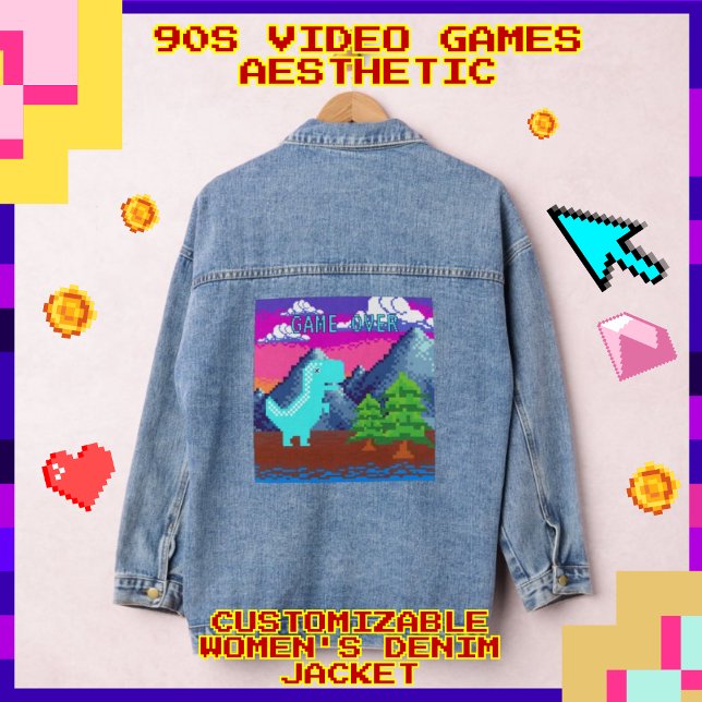 Funny Pixel Gamer Pixelated- Dinosaur Illustration Denim Jacket (Funny Pixel Gamer Pixelated - Dinosaur Illustration Women's Denim Jacket (Jean Jacket);)