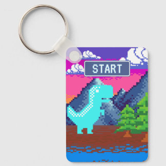 Funny Pixel Gamer Pixelated- Dinosaur Illustration Key Ring