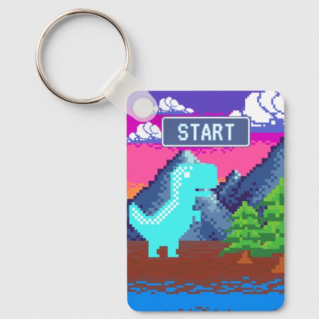 Funny Pixel Gamer Pixelated- Dinosaur Illustration Key Ring (Front)