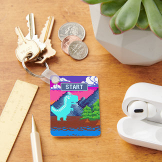 Funny Pixel Gamer Pixelated- Dinosaur Illustration Key Ring