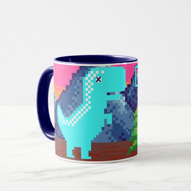 Funny Pixel Gamer Pixelated- Dinosaur Illustration Mug (Front Left)
