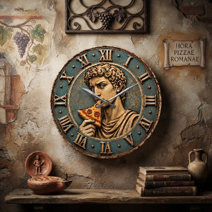 Funny Pizza David Renaissance Art Parody Kitchen Large Clock