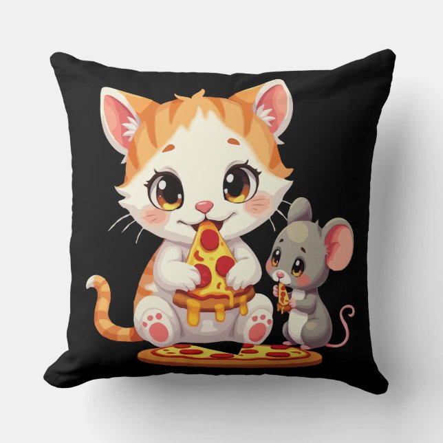 funny pizza eating cat pizza eating mouse cushion (Front)