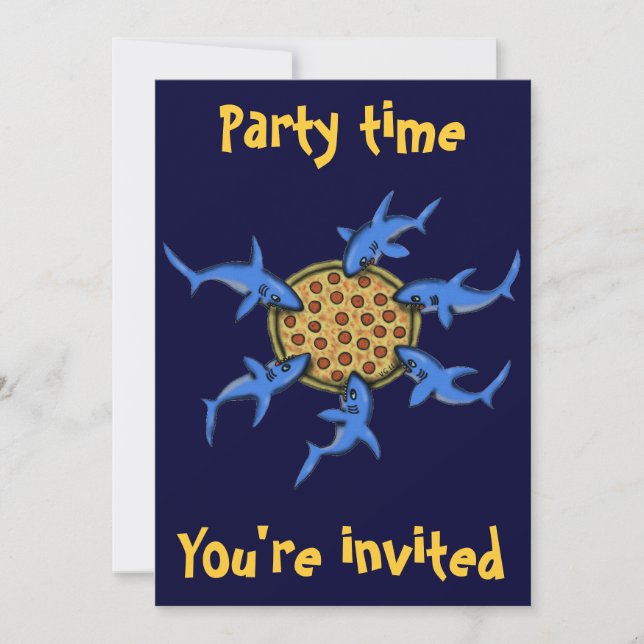 Funny pizza eating sharks party invitation card (Front)