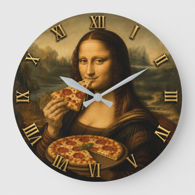 Funny Pizza Mona Lisa Large Clock (Front)