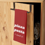 Funny Pizza Pasta Amore Name Red White Cooking Tea Towel<br><div class="desc">Funny Pizza Pasta E Amore Name Red White Cooking kitchen towel. All colours can be changed!</div>