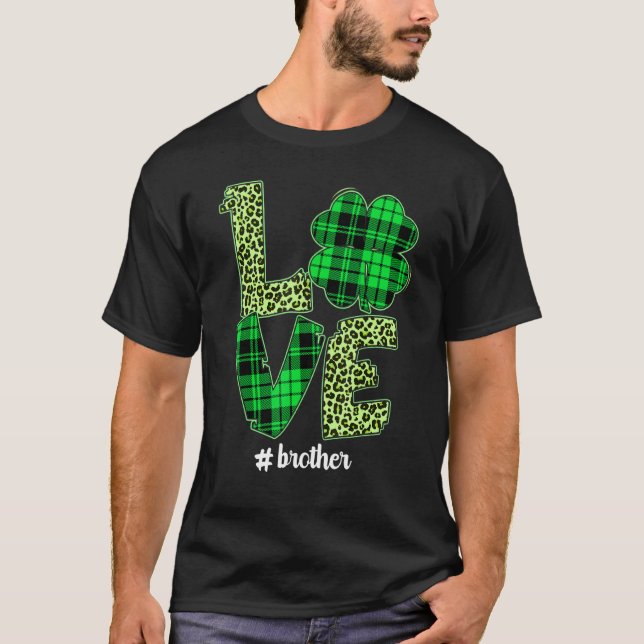 Funny Plaid Shamrock Love Brother Leopard St Patri T-Shirt (Front)