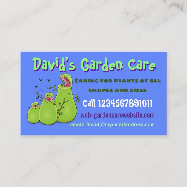 Funny plants cartoon garden care service business card (Front)