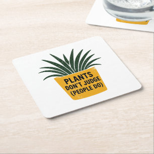 Funny Plants Don't Judge Vintage Ink Stamp Art Square Paper Coaster