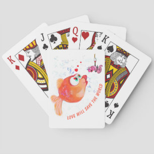 Funny Playing Cards with Happy Fish and Worm