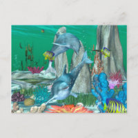 Funny playing dolphins with other fish