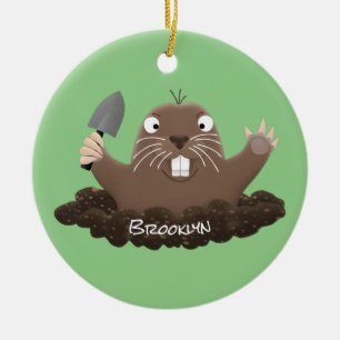 Funny pocket gopher digging cartoon illustration ceramic tree decoration