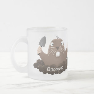 Funny pocket gopher digging cartoon illustration frosted glass coffee mug