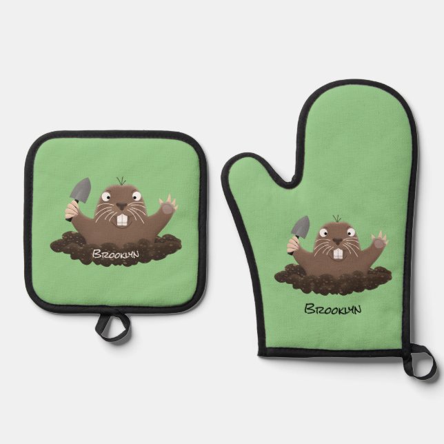 Funny pocket gopher digging cartoon illustration  oven mitt & pot holder set (Front)