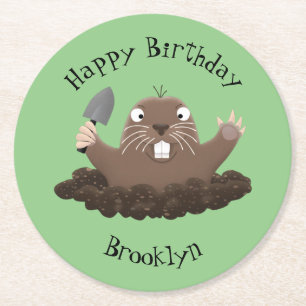Funny pocket gopher digging cartoon illustration round paper coaster