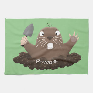 Funny pocket gopher digging cartoon illustration tea towel