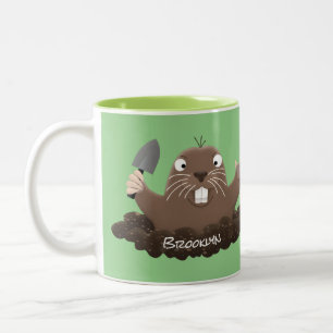 Funny pocket gopher digging cartoon illustration Two-Tone coffee mug