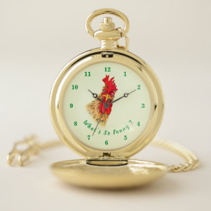 Funny Pocket Watch Surprised Rooster - Custom Text