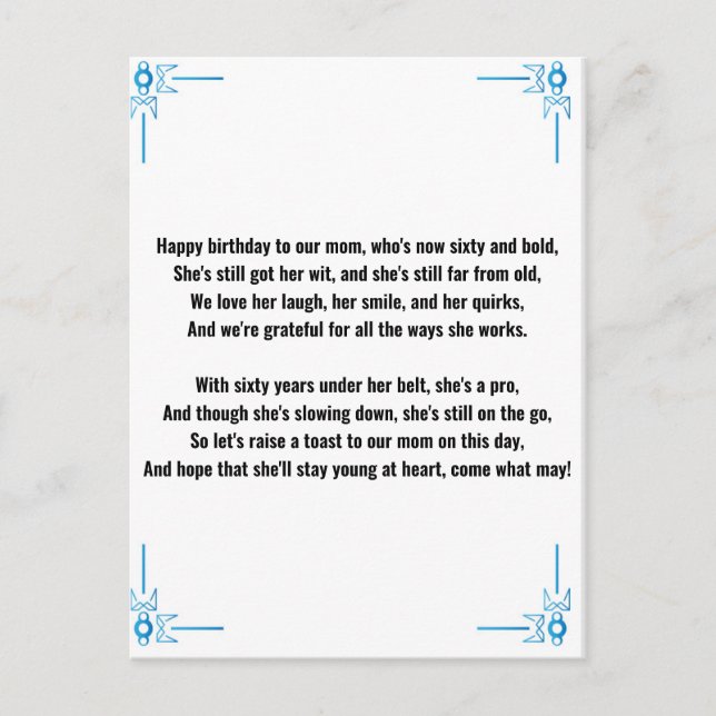Funny Poem for 60th Woman Postcard (Front)