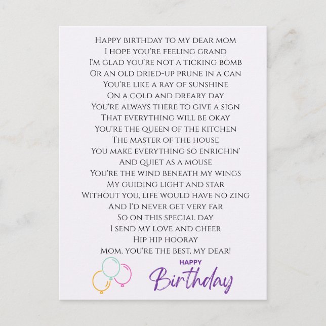 Funny Poem for Mum Birthday Postcard (Front)