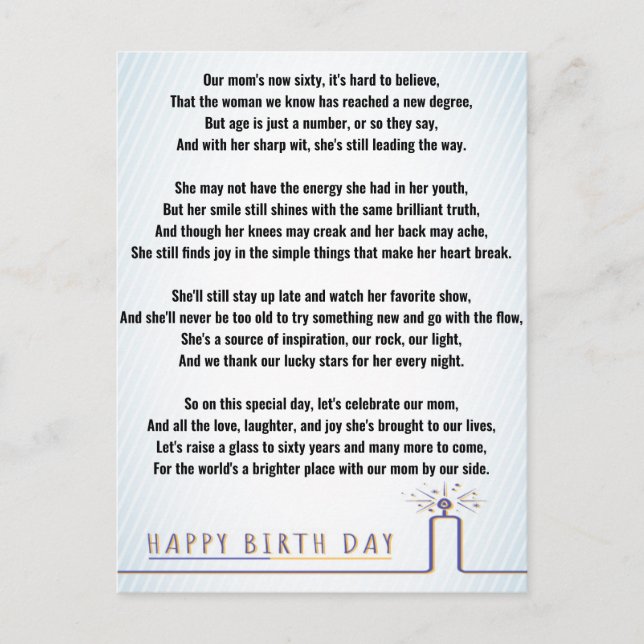 Funny Poetry For 60th Birthday Mum Postcard (Front)