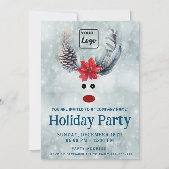 Funny poinsettia reindeer logo holiday corporate invitation (Front)