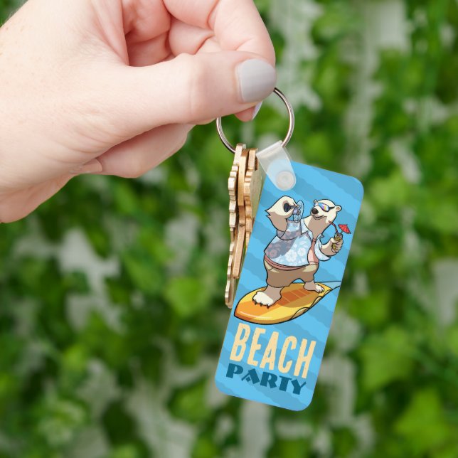 Funny Polar Bear Beach Party Summer Surfer Cartoon Key Ring (Hand)