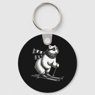 Funny Polar Bear Loves Skiing In The Snow On Ski H Key Ring