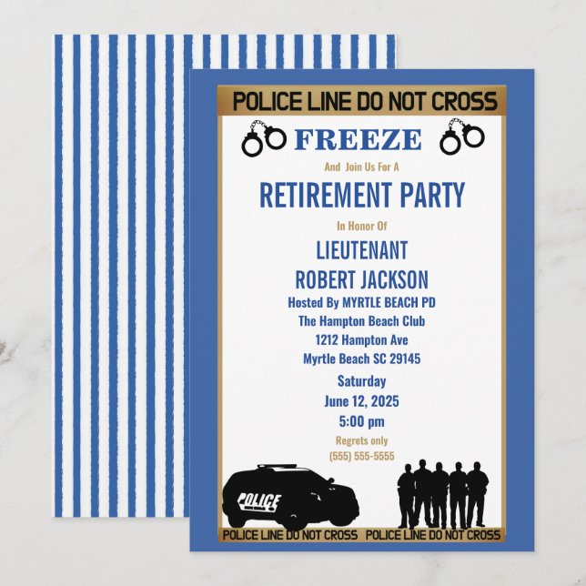 Funny Police Blue and White Retirement Invitation (Front/Back)