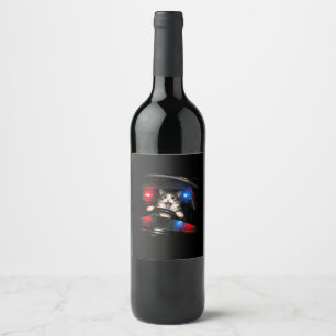 Funny Police Cat Driving Car Vintage Cat Meme Wine Label