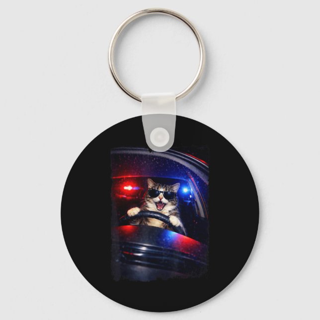 Funny police crazy cat driving car funny cat memeF Key Ring (Front)