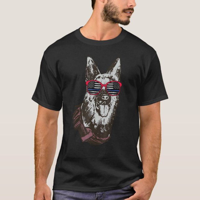 Funny Police Dog Usa Flag Sunglasses Police Office T-Shirt (Front)