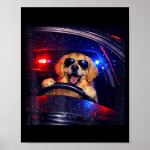 Funny police golden retriever driving car dog meme poster