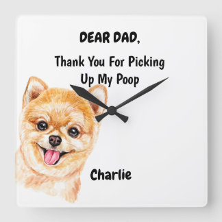 Funny Pomeranian Dad Watercolor Canine Art Square Wall Clock