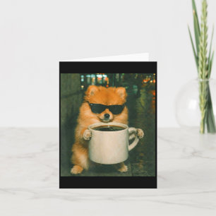 Funny pomeranian drinking coffee meme retro urban card