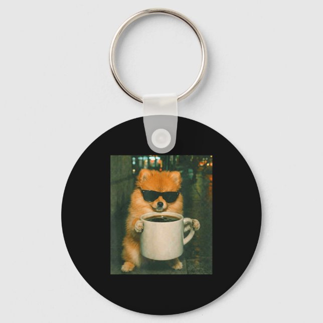 Funny pomeranian drinking coffee meme retro urban key ring (Front)
