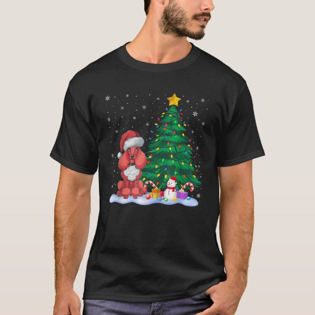 Funny Poodle Dog Xmas Tree Lights Reindeer Hat Chr T-Shirt (Front)