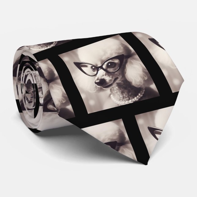Funny Poodle with Glasses Nerd Neck Tie (Rolled)