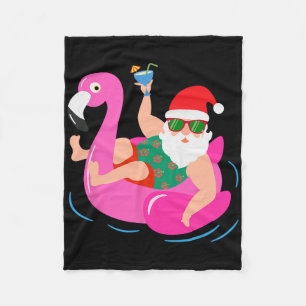 Funny Pool Party Santa Sungles Flamingo Christmas Fleece Blanket