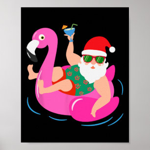 Funny Pool Party Santa Sungles Flamingo Christmas Poster