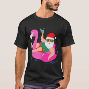 Funny Pool Party Santa Sungles Flamingo Christmas T-Shirt