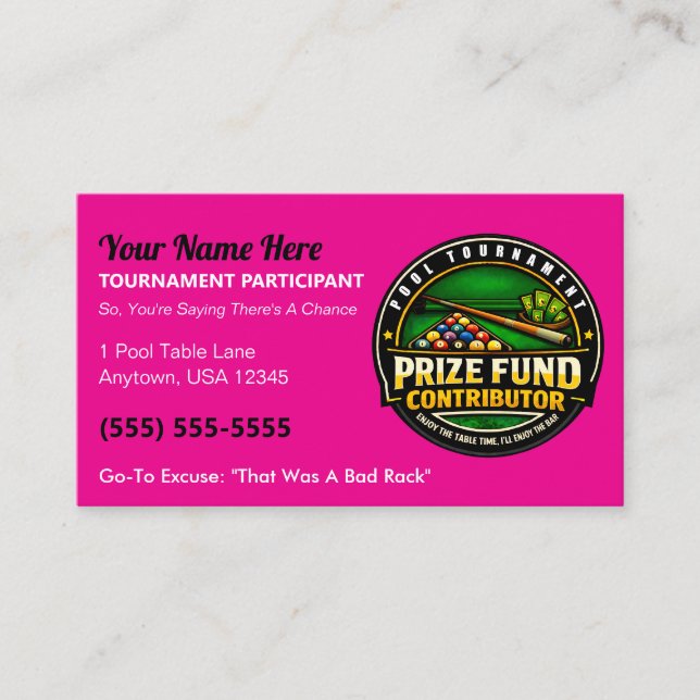 Funny Pool Tournament Prize Fund Contributor Gag Calling Card (Front)