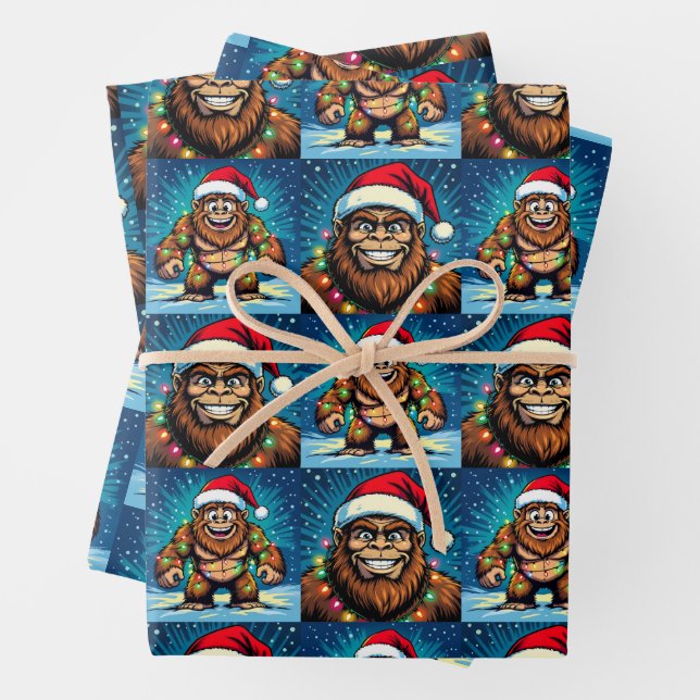 Funny Pop Art Bigfoots Christmas Wrapping Paper Sheet (In situ)