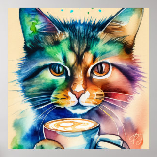 Funny Pop Art of a Colourful Cat Drinking Coffee Poster