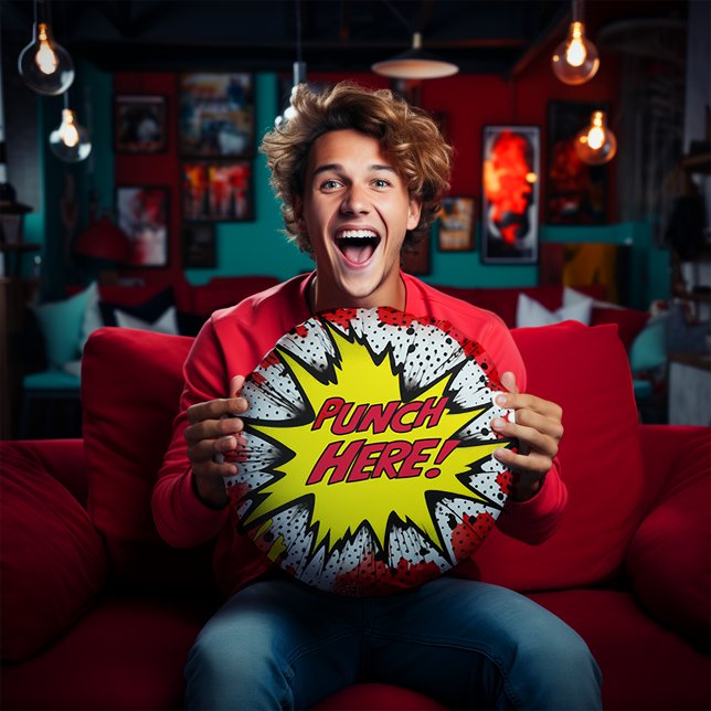 Funny Pop Art “Punch Here”  Round Cushion (Funny Pop Are "Punch Here" Pillow)