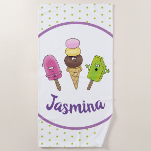Funny popsicles and icecream cartoon illustration beach towel