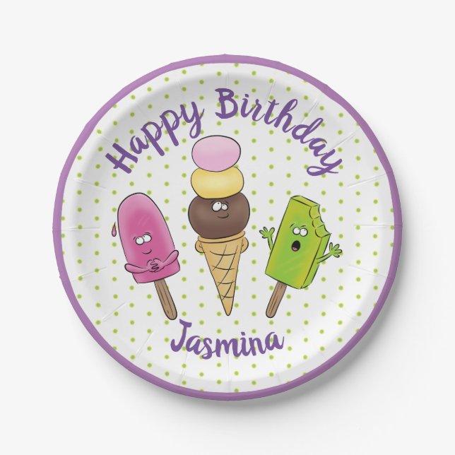 Funny popsicles and icecream cartoon illustration paper plate (Front)