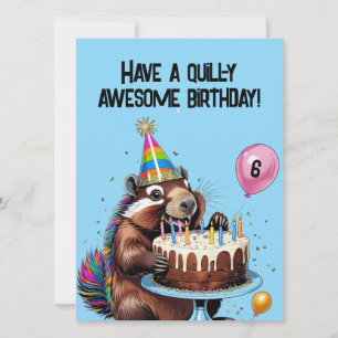 Funny Porcupine Birthday Card  Balloons, Cake