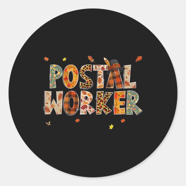 Funny Postal Worker Pumpkin Autumn Tree Fall Leave Classic Round Sticker (Front)